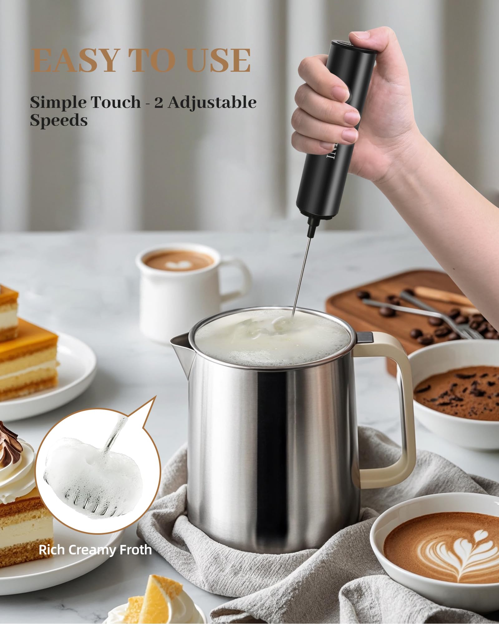 INFOOD frother in action for quick lattes and cappuccinos.