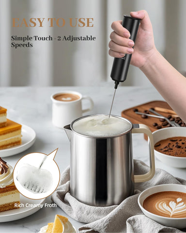 INFOOD frother in action for quick lattes and cappuccinos.