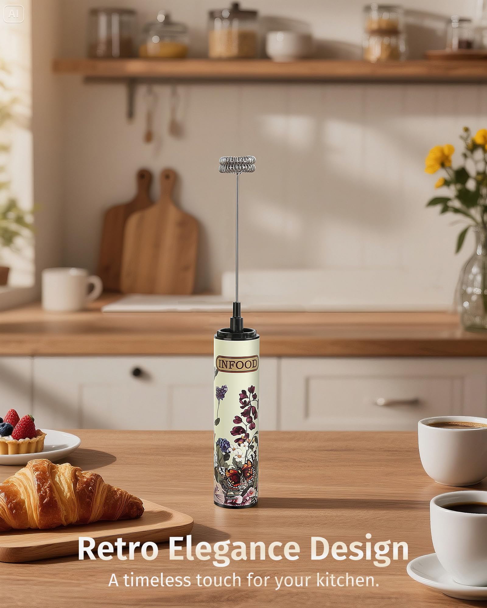 INFOOD milk frother with two detachable whisks for versatile frothing.