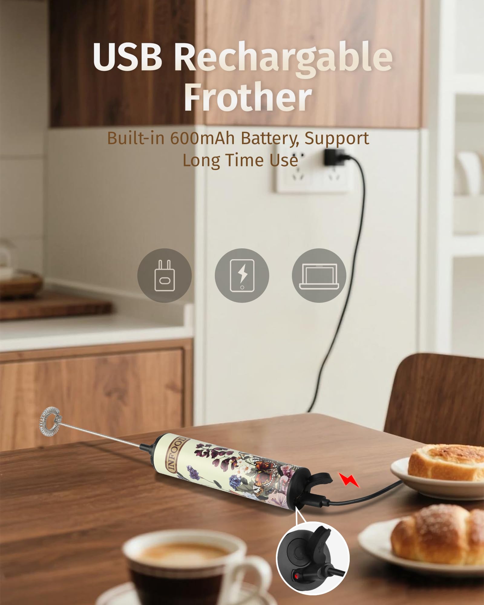 INFOOD milk frother USB charging cord enables cordless use anywhere.