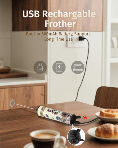 INFOOD milk frother USB charging cord enables cordless use anywhere.