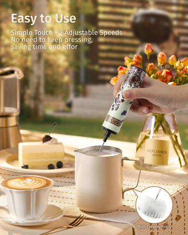 INFOOD milk frother vintage floral design complements kitchen decor.