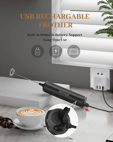 INFOOD frother wand with detachable whisk ready for fast foam.