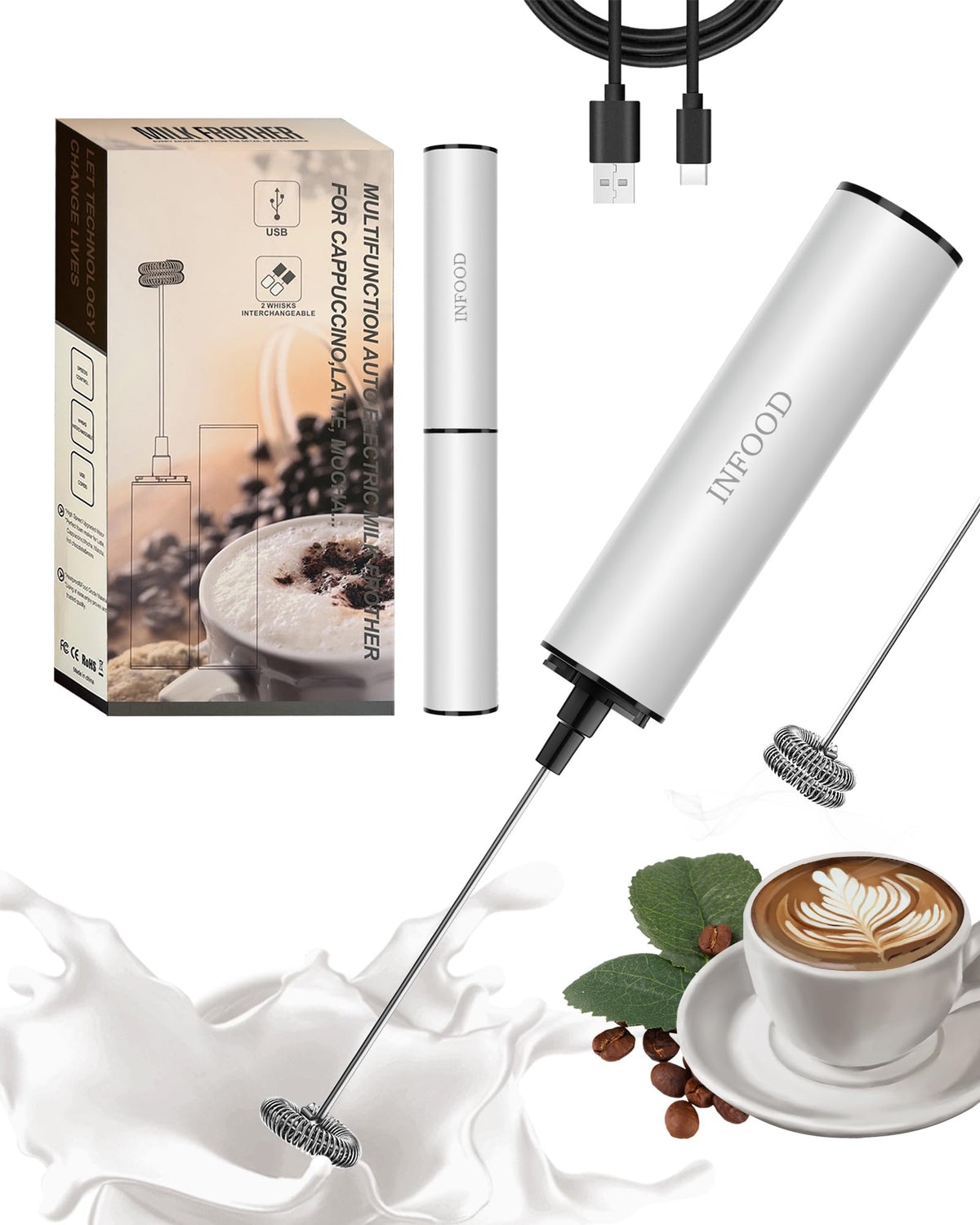 INFOOD Milk Frother with cover, compact USB-ready travel design.