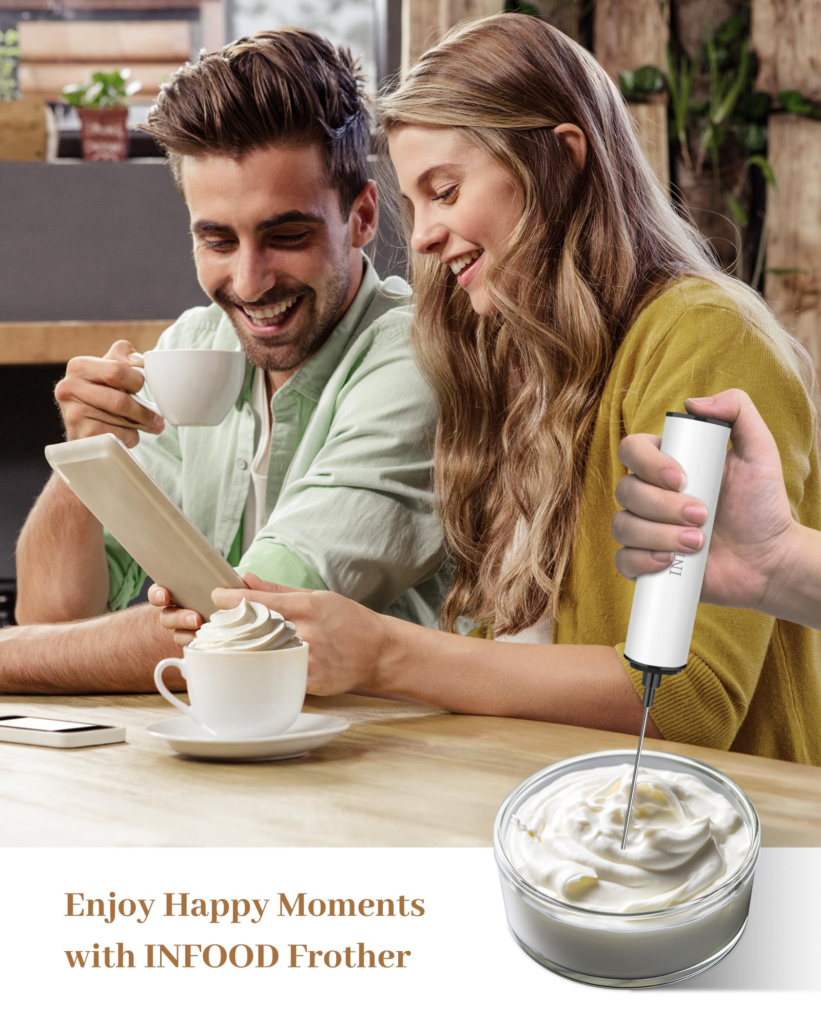 INFOOD Milk Frother with two detachable whisks for versatility.