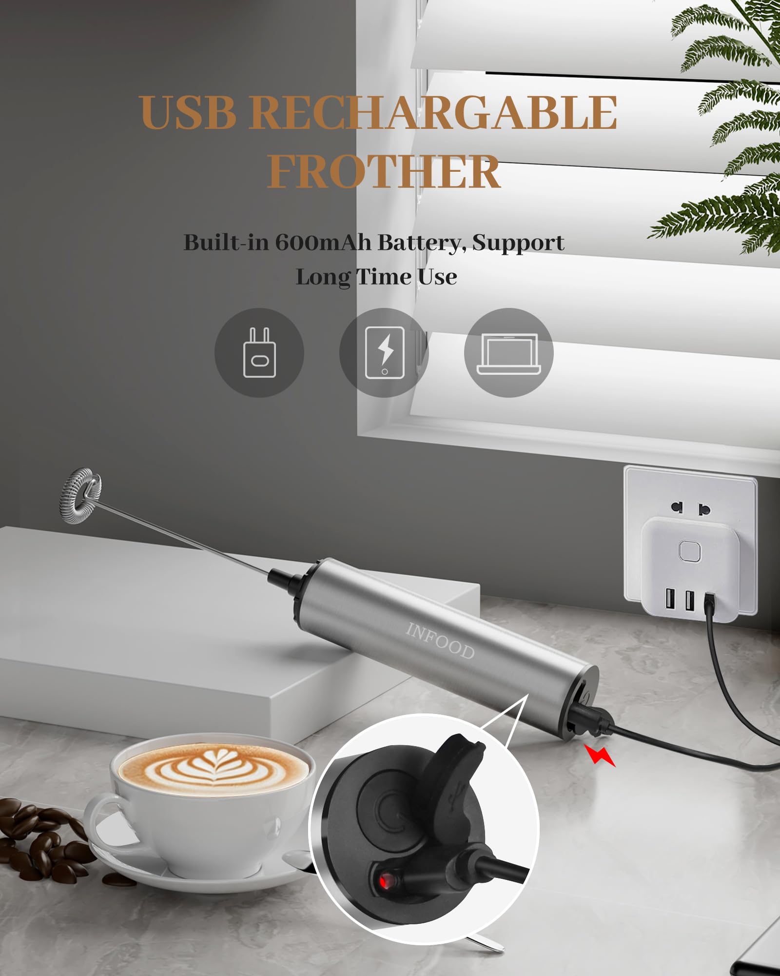 INFOOD frother shows detachable whisks for easy cleaning and versatility