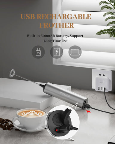 INFOOD frother shows detachable whisks for easy cleaning and versatility