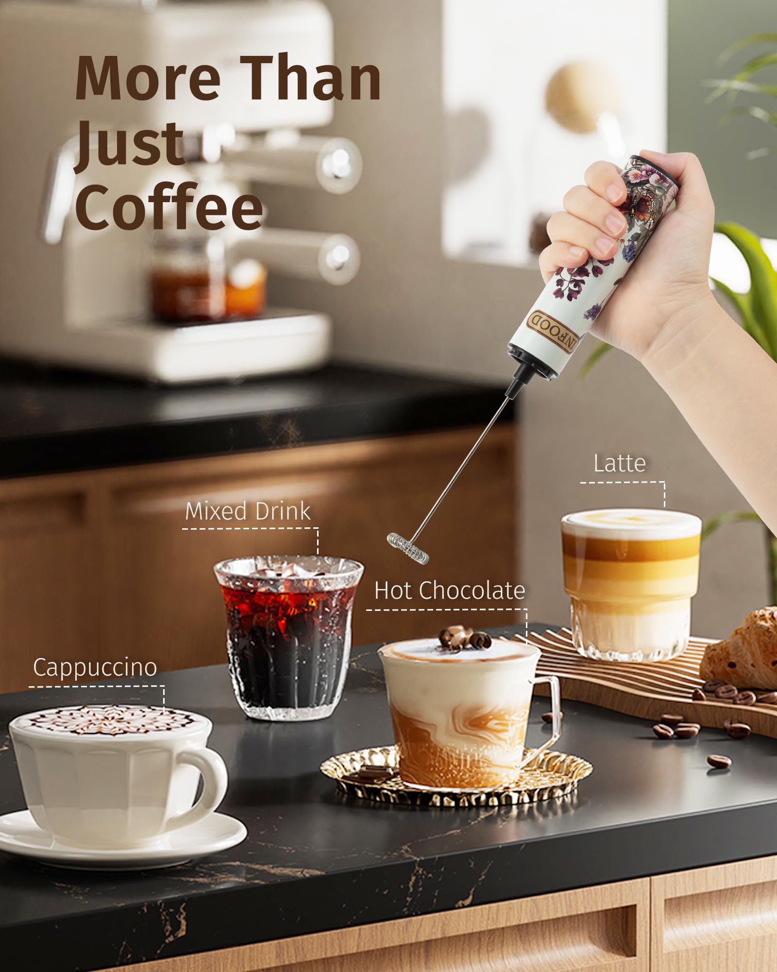 INFOOD milk frother with detachable whisks enables easy cleaning