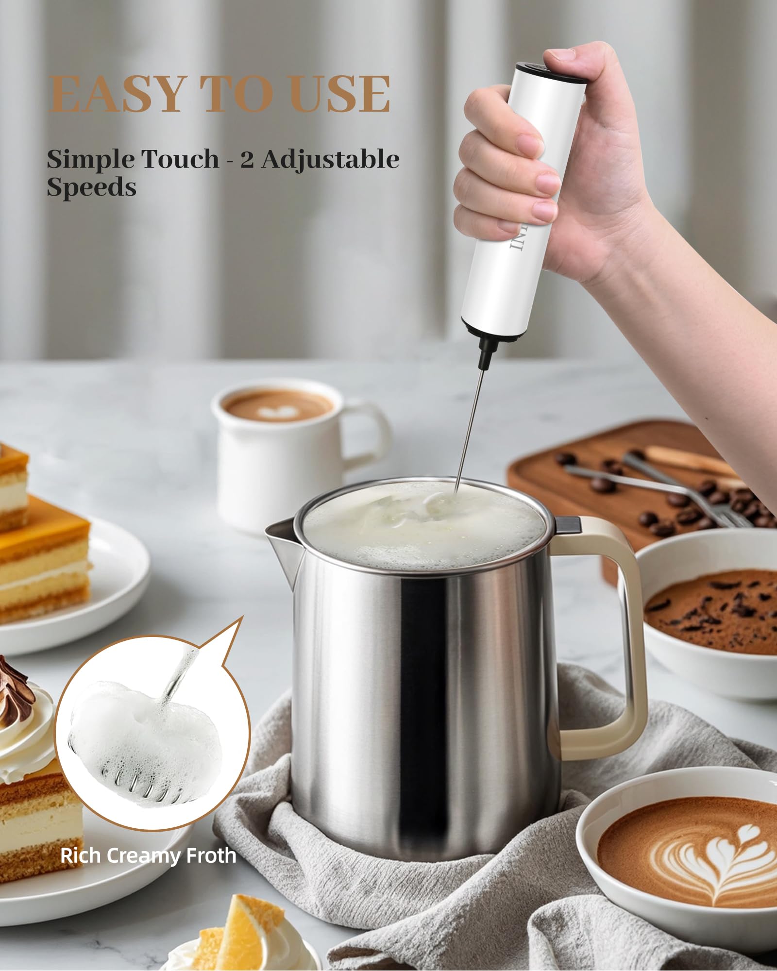 INFOOD Milk Frother foams milk directly into a cup.