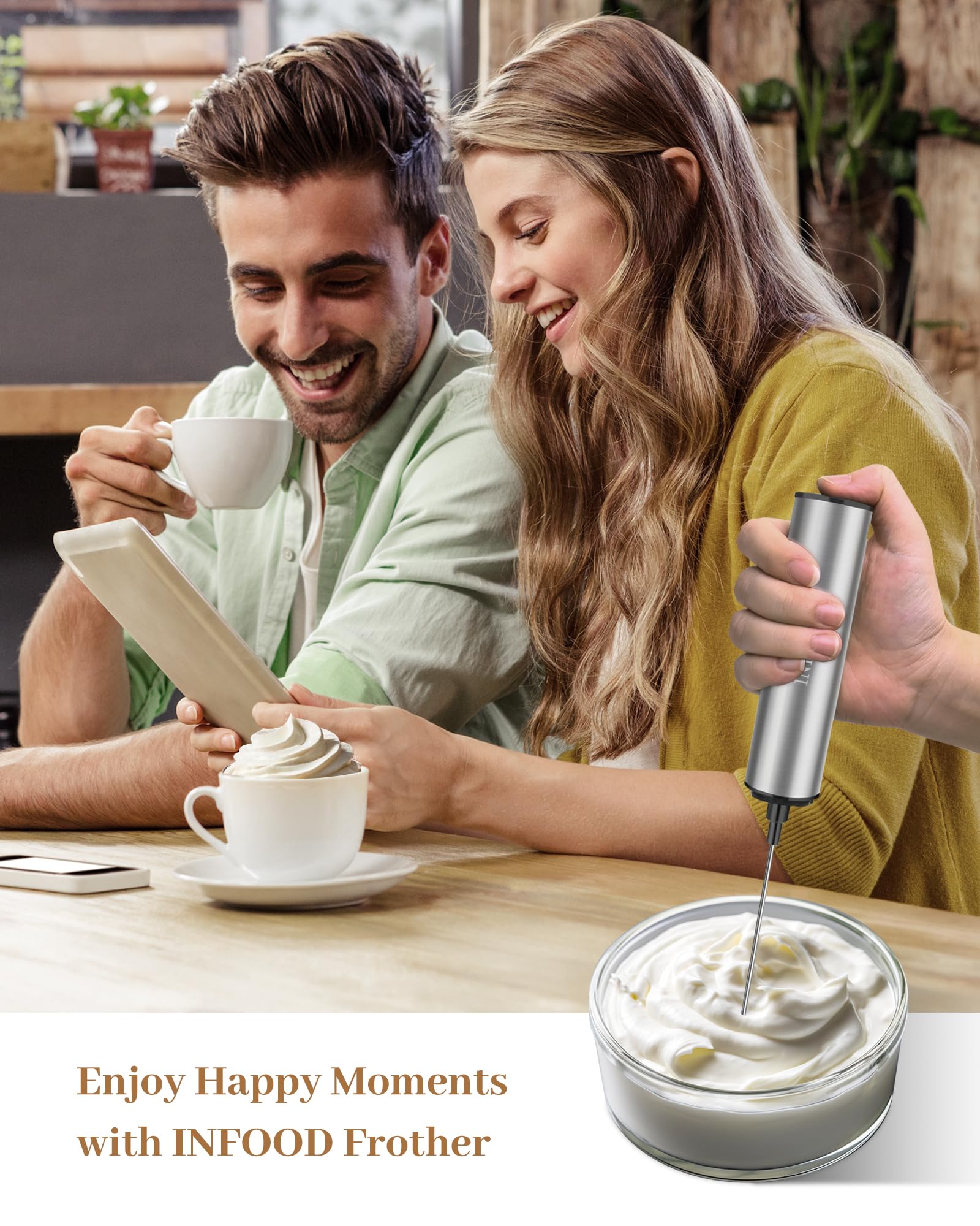 INFOOD cordless frother with USB charging for travel and office use