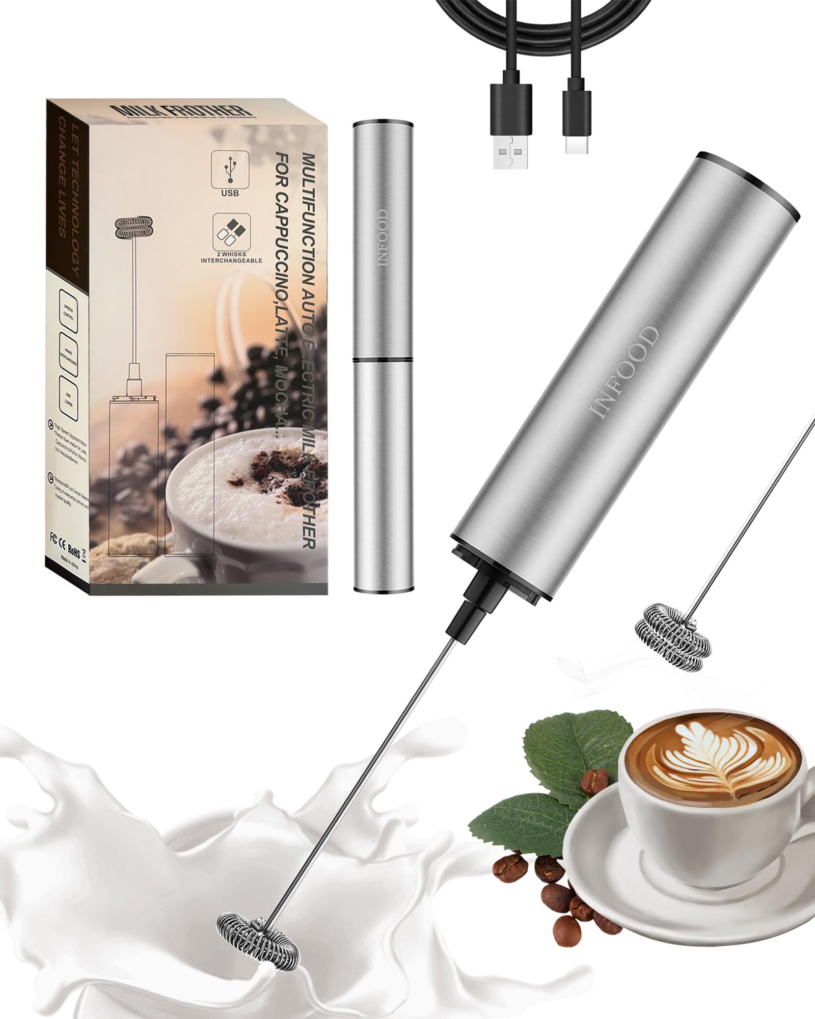 INFOOD milk frother with rechargeable cover creates fast, velvety foam for coffee at home