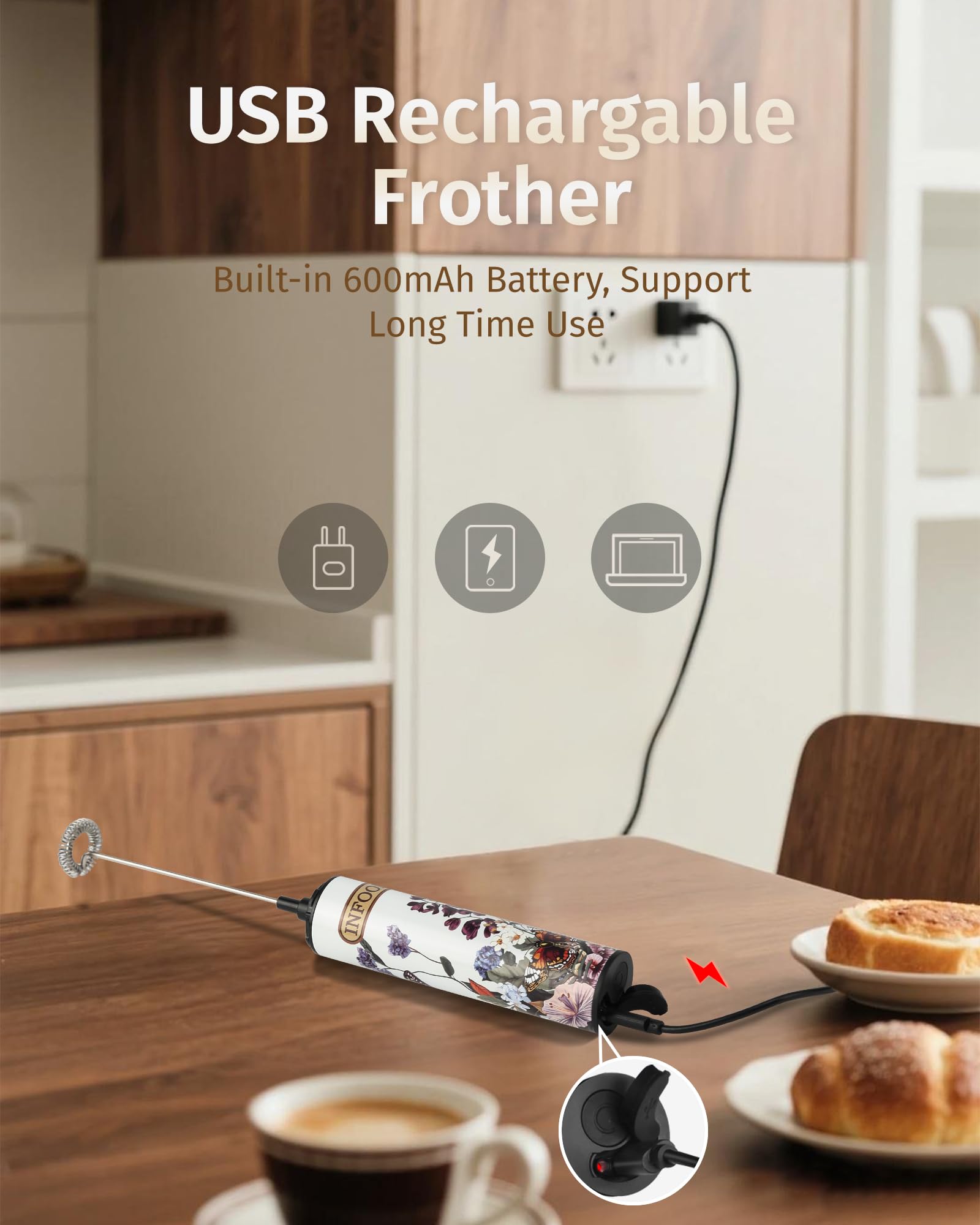 INFOOD milk frother stand neatly stores the device on the counter