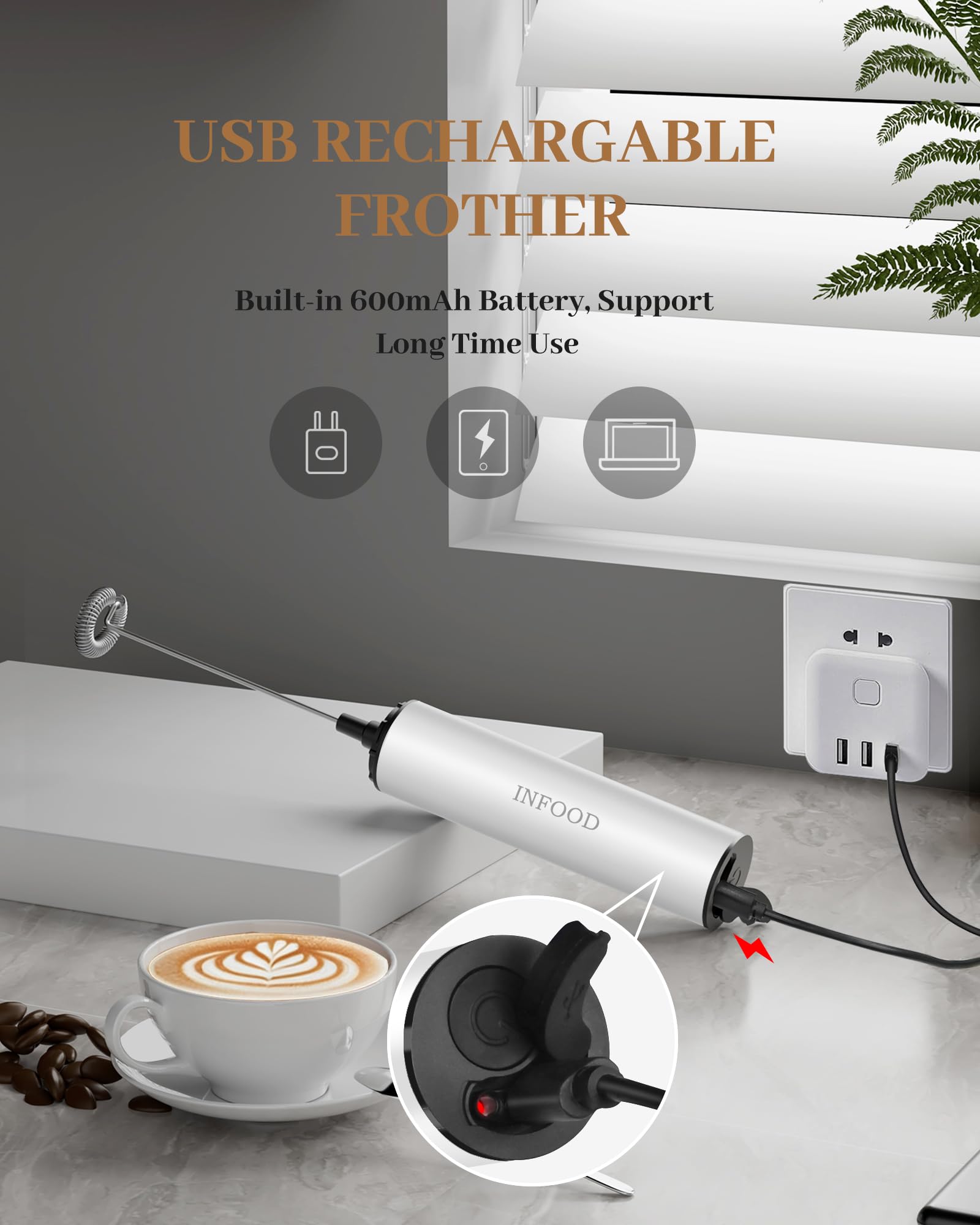INFOOD Milk Frother charging via USB, ready for quick frothing.