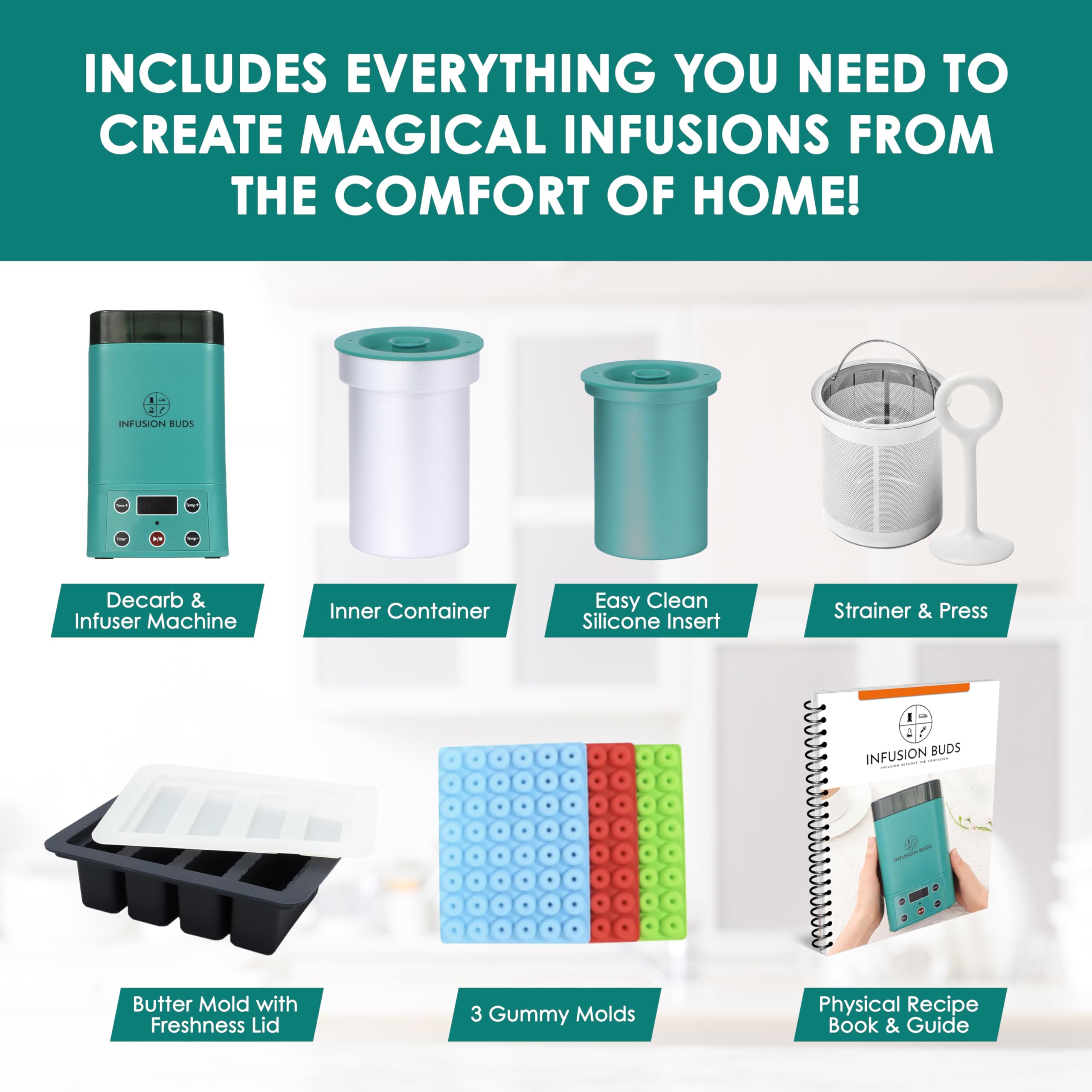 Infusion Buds accessories include gummy molds and butter mold for creative recipes.
