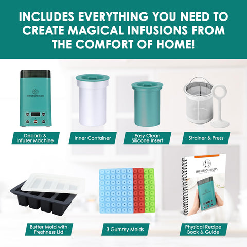 Infusion Buds accessories include gummy molds and butter mold for creative recipes.