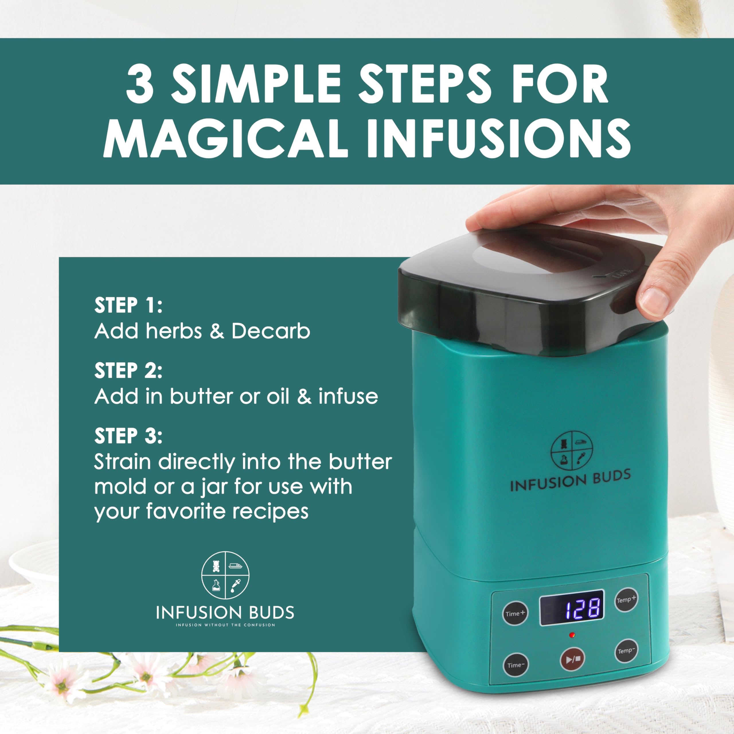 Infusion Buds compact design fits neatly in a kitchen cabinet.