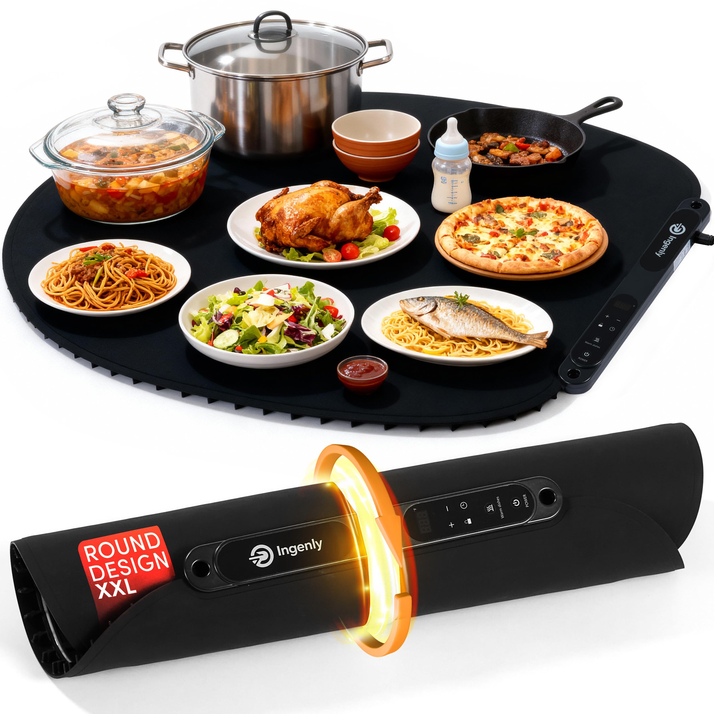INGENLY round XXL warming mat on food trays keeps dishes warm for gatherings.