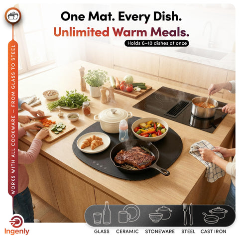 INGENLY warming mat placed on oval table for even heat across platters.