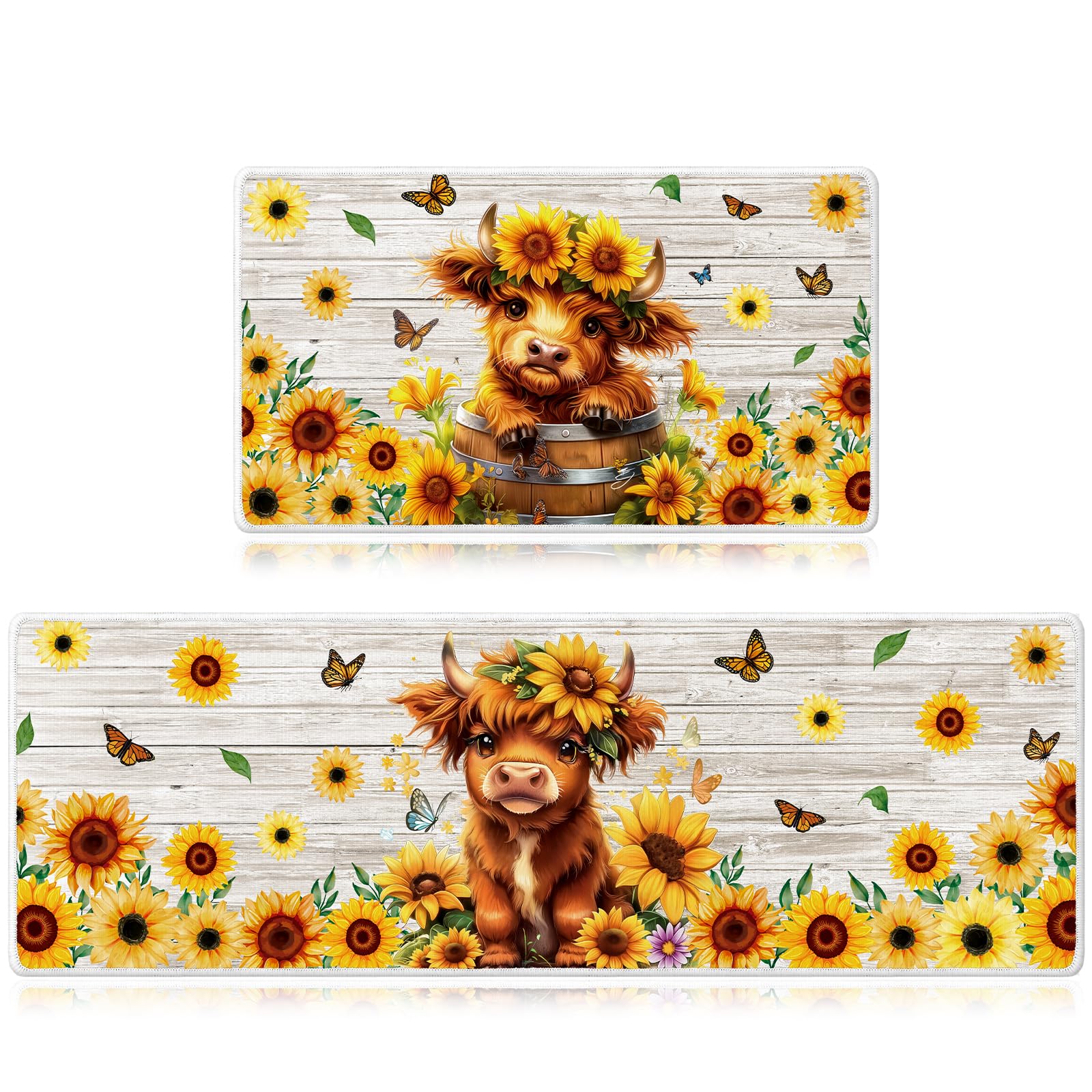 InIsaJace Highland Cow kitchen mat with sunflowers for cozy farmhouse decor and soft comfort.