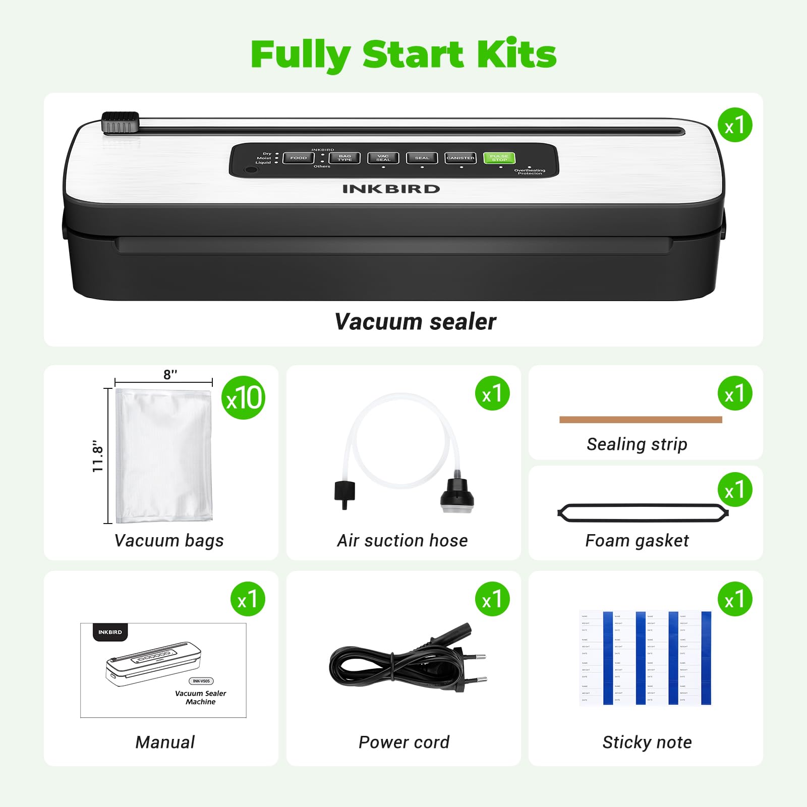 Inkbird EXT-VAC starter kit contents including 10 pre-cut bags