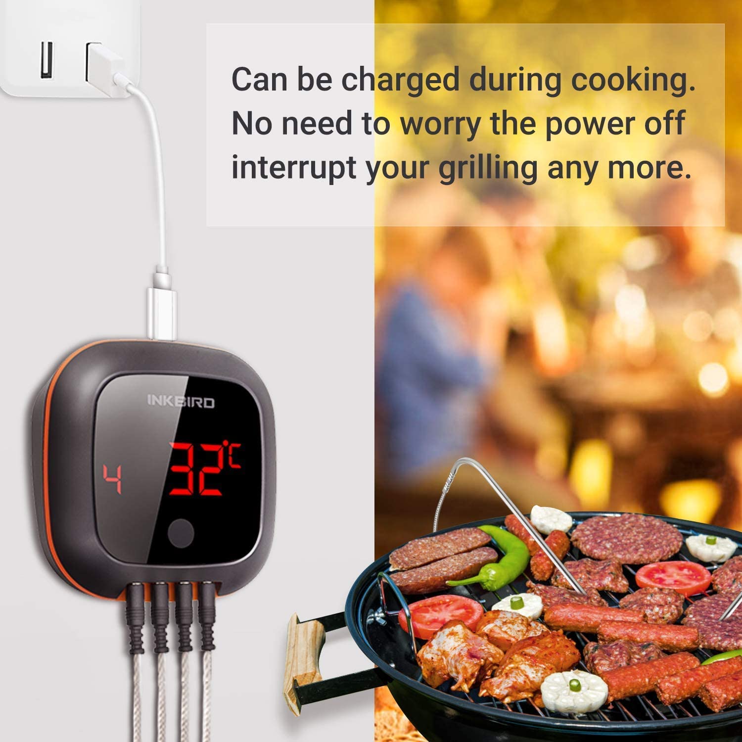 Oven and meat probes enable simultaneous oven and grill temps.
