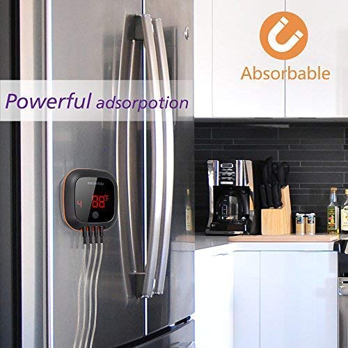 Rechargeable battery with USB cable for long cooking sessions.