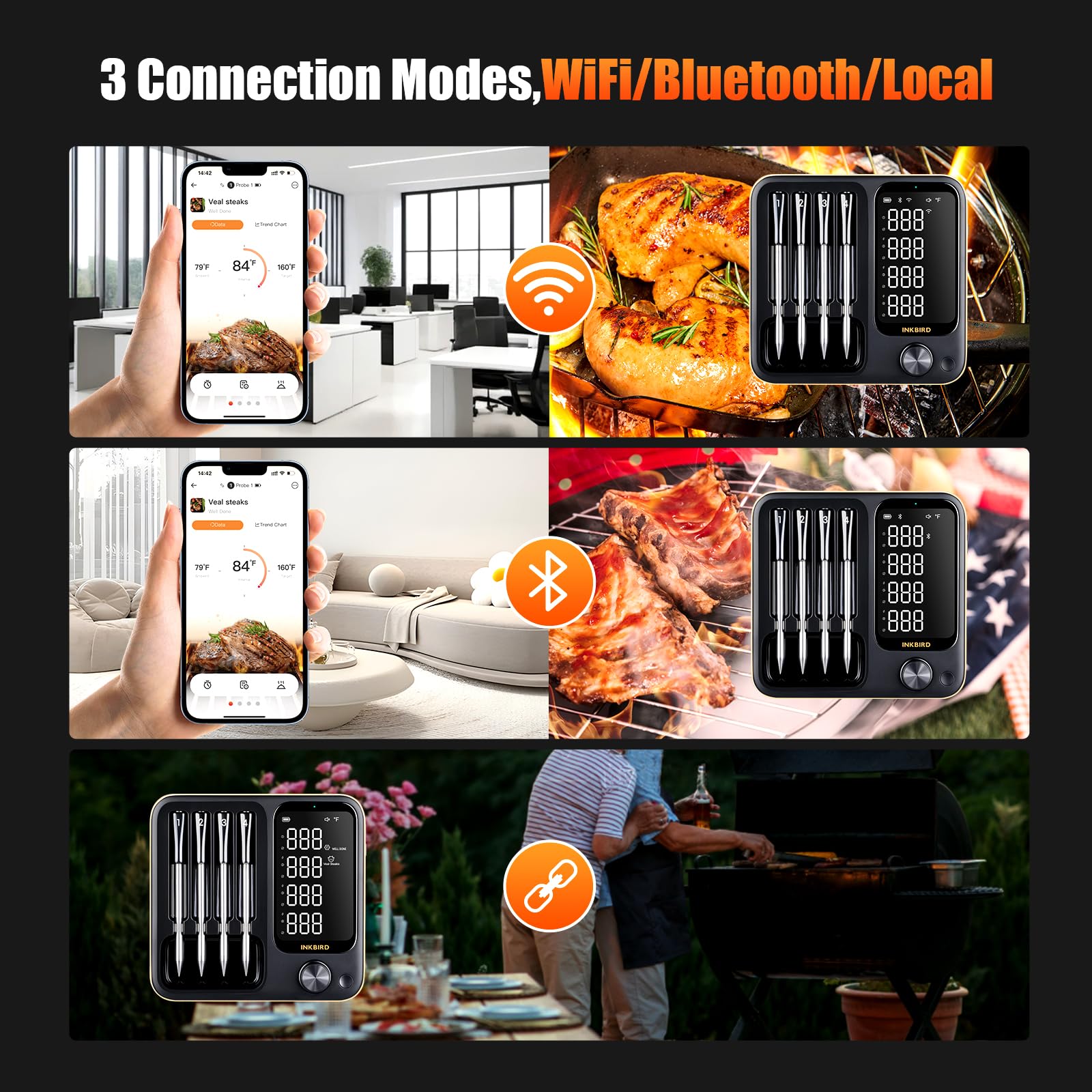 Inkbird INT-14-BW four wireless probes with zirconia handles for tangle-free cooking.