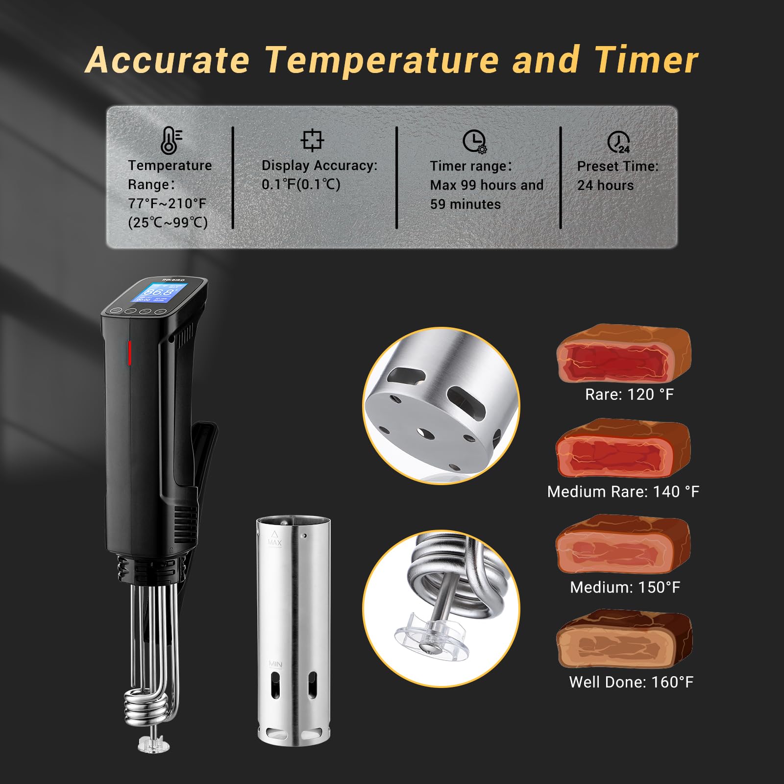 Inkbird ISV-100W sous vide cooker with 14 app presets for guided meals.