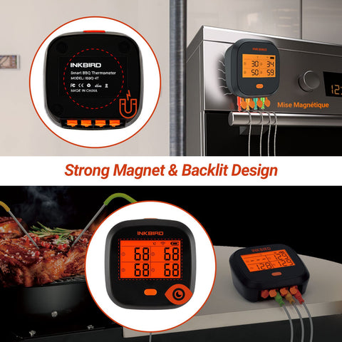 Color-coded probes from Inkbird help distinguish multiple foods.