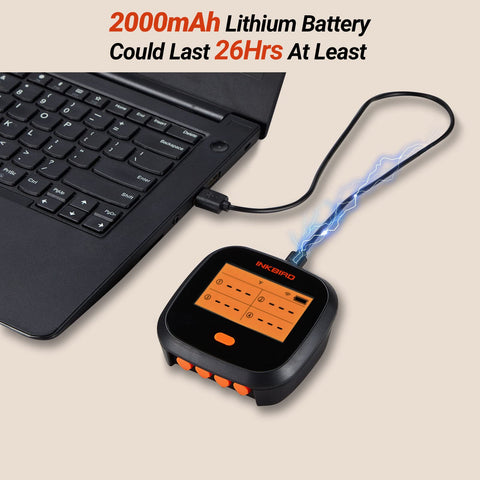 Rechargeable battery-powered Inkbird thermometer for long grilling sessions.