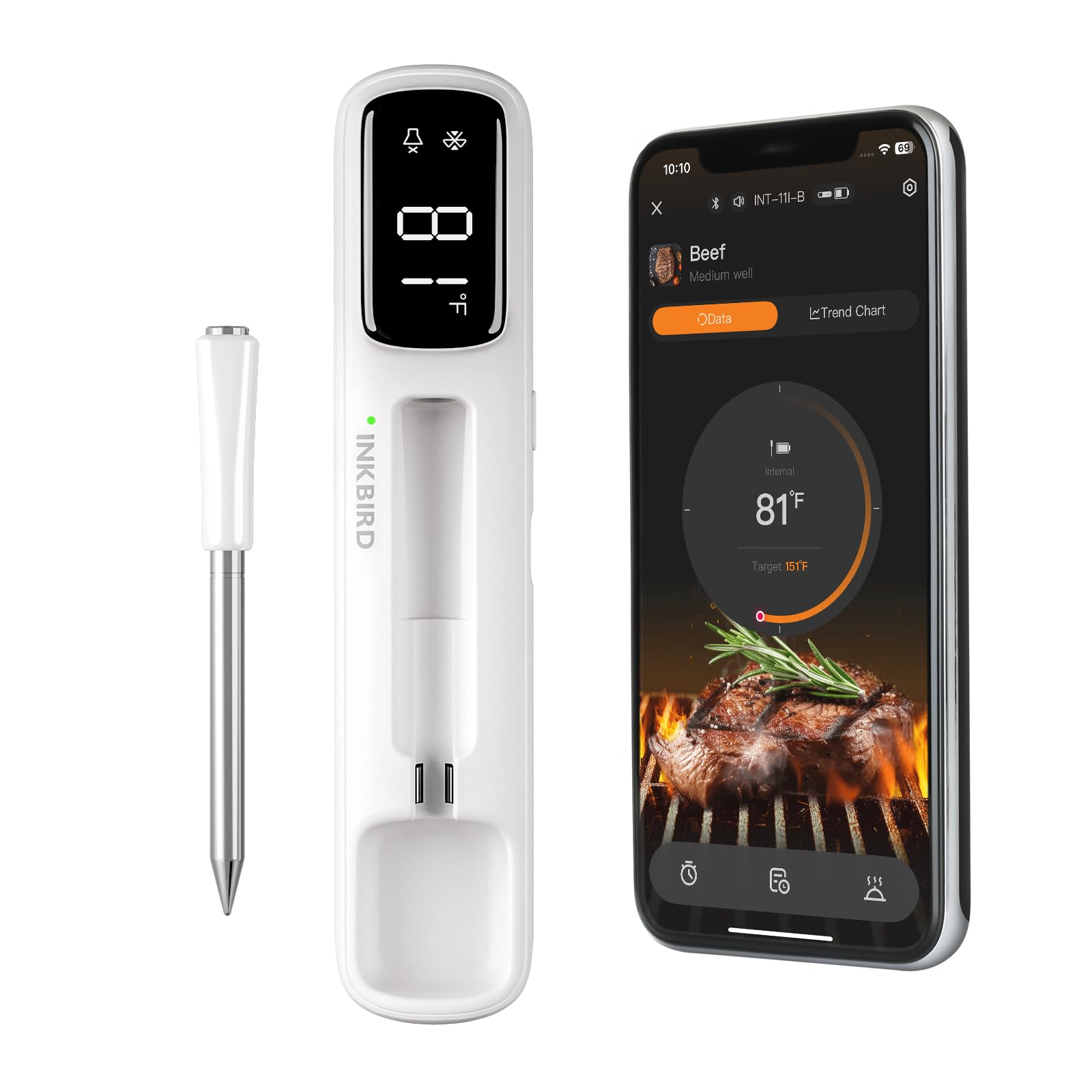 INKBIRD Mini thermometer with long-range display illustrating 1000ft wireless connectivity for flexible backyard grilling.