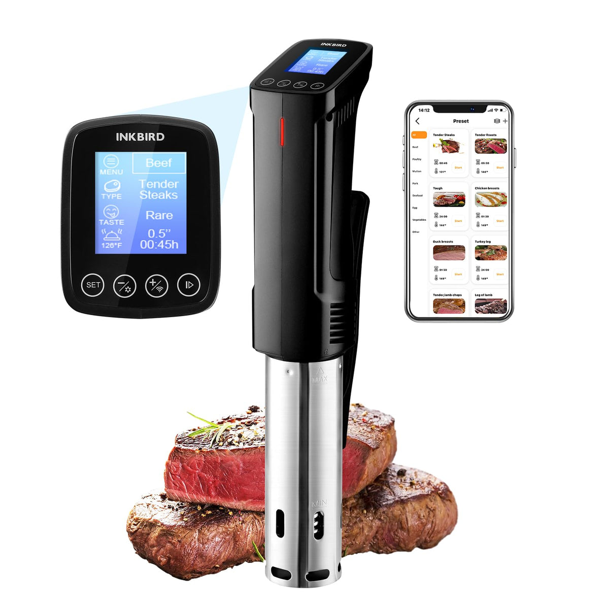 Inkbird sous vide cooker with digital display shows precise settings at a glance