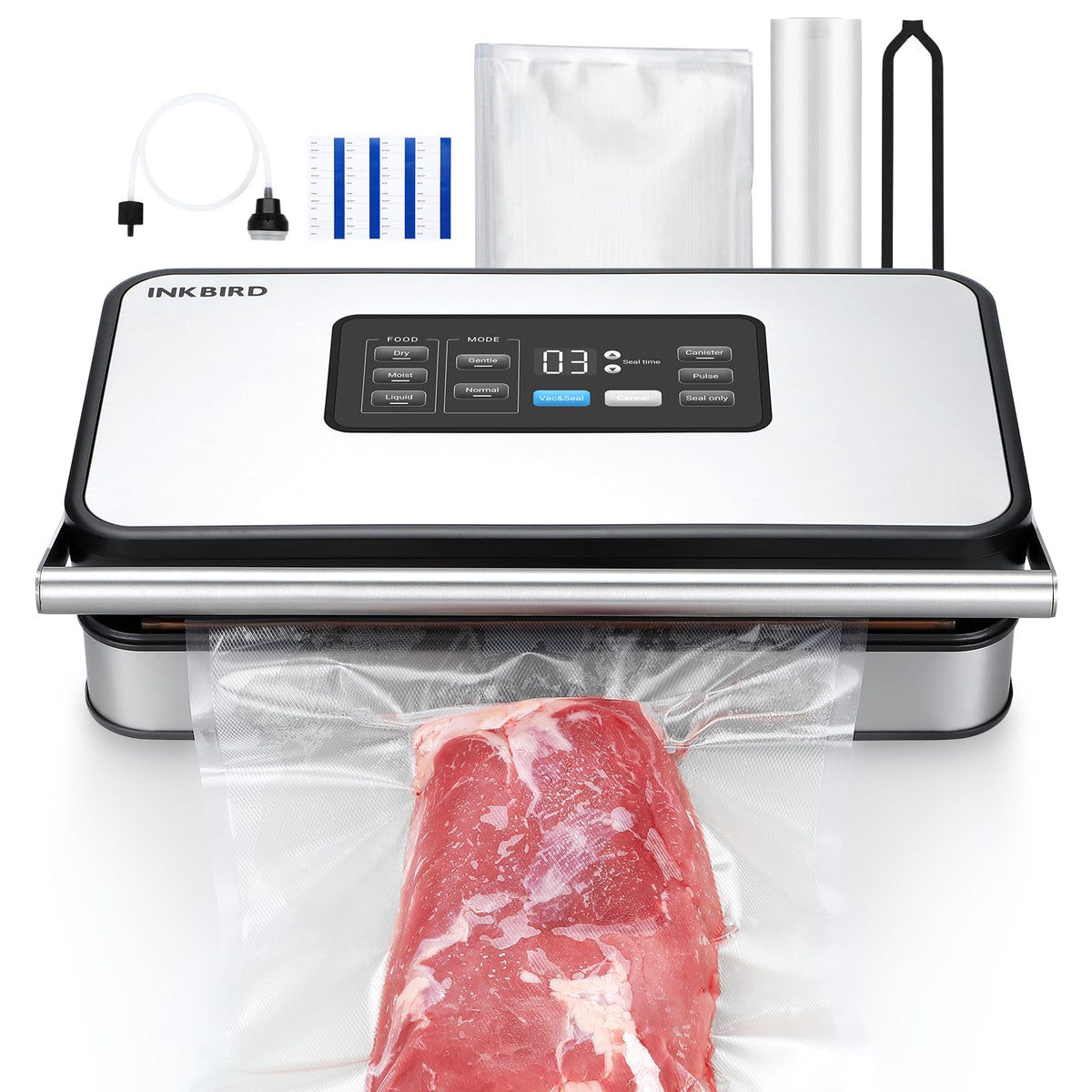 Inkbird vacuum sealer front view with precise control panel.