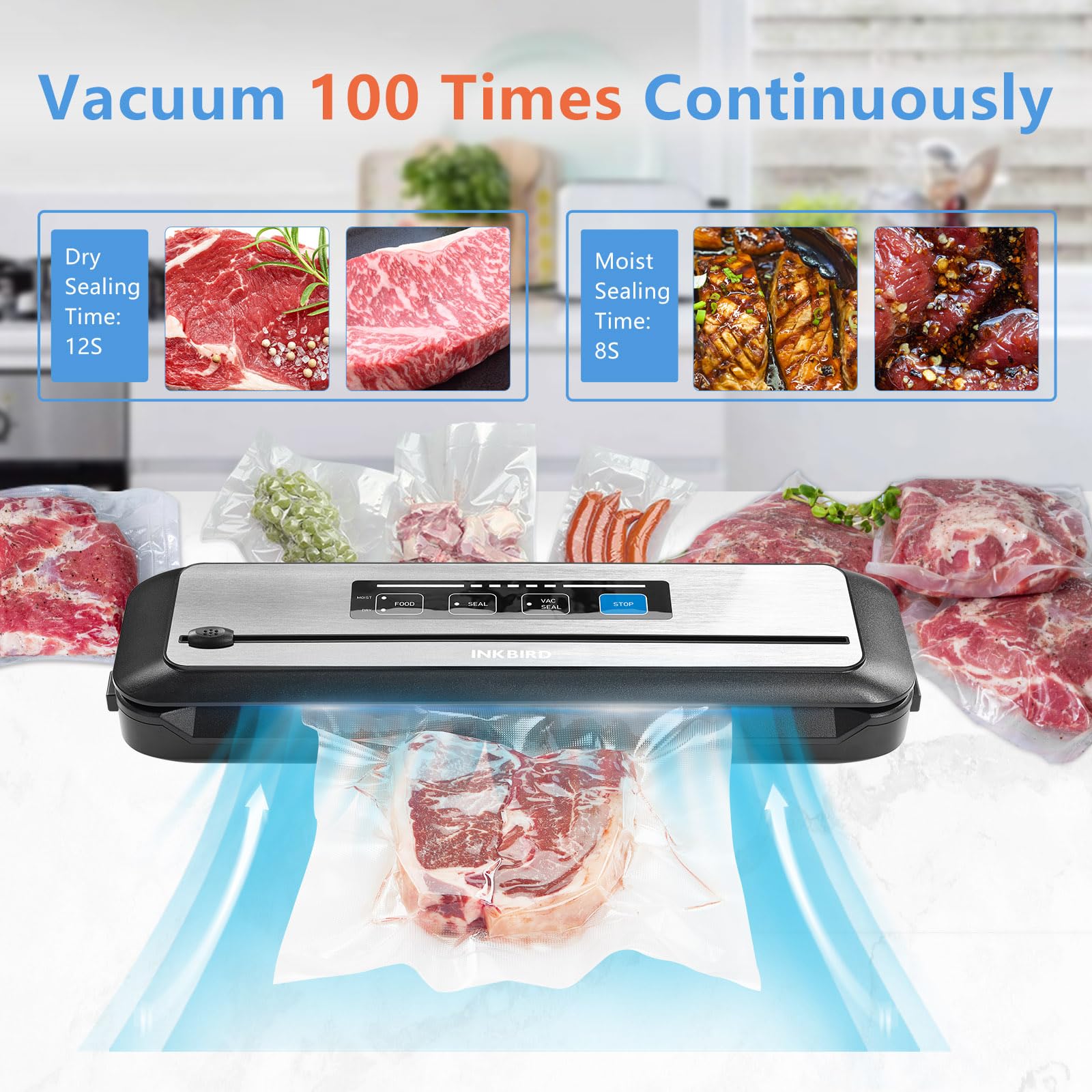 Inkbird vacuum sealer in moist mode for marinated meats and tender produce.