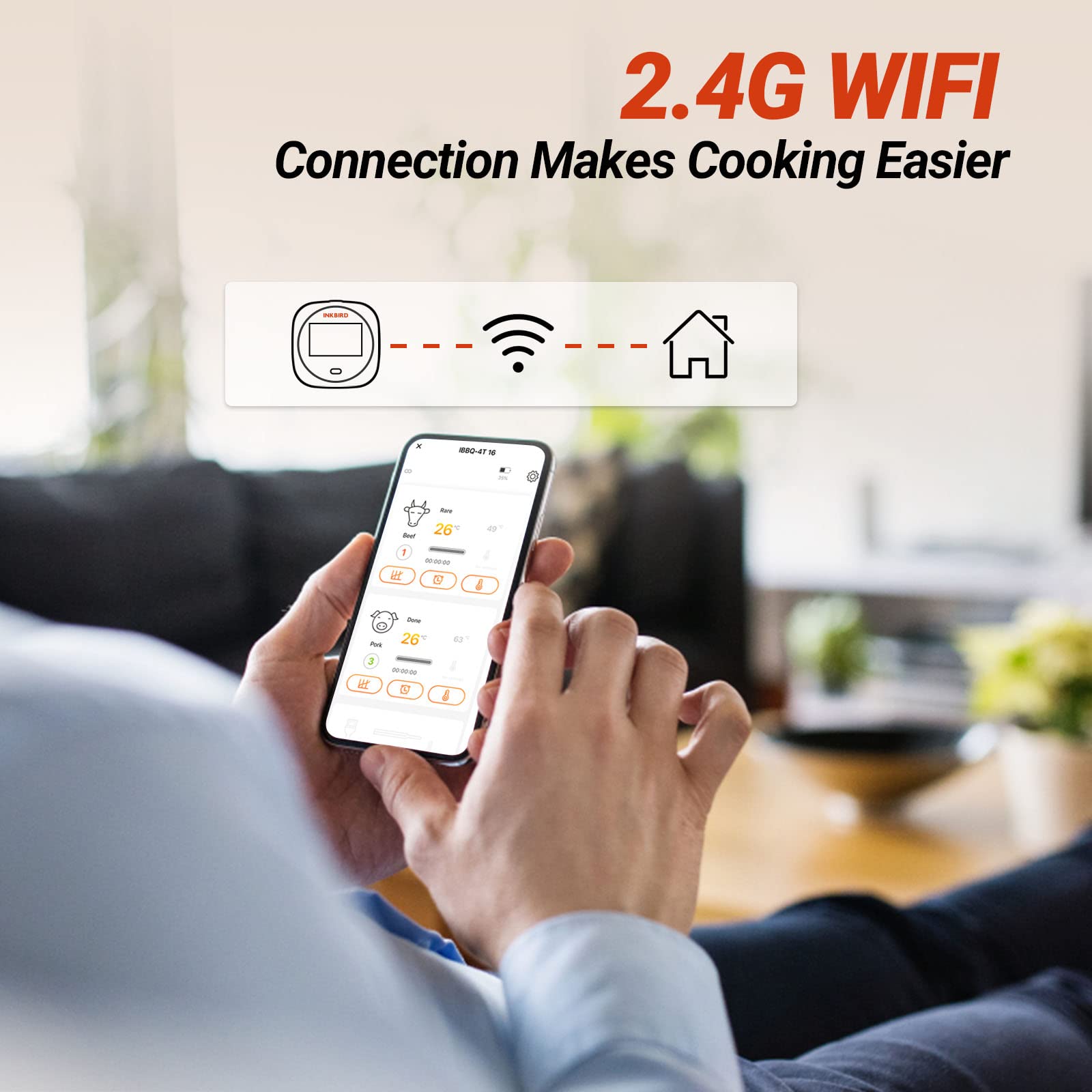 Inkbird app control view showing remote temperature monitoring.
