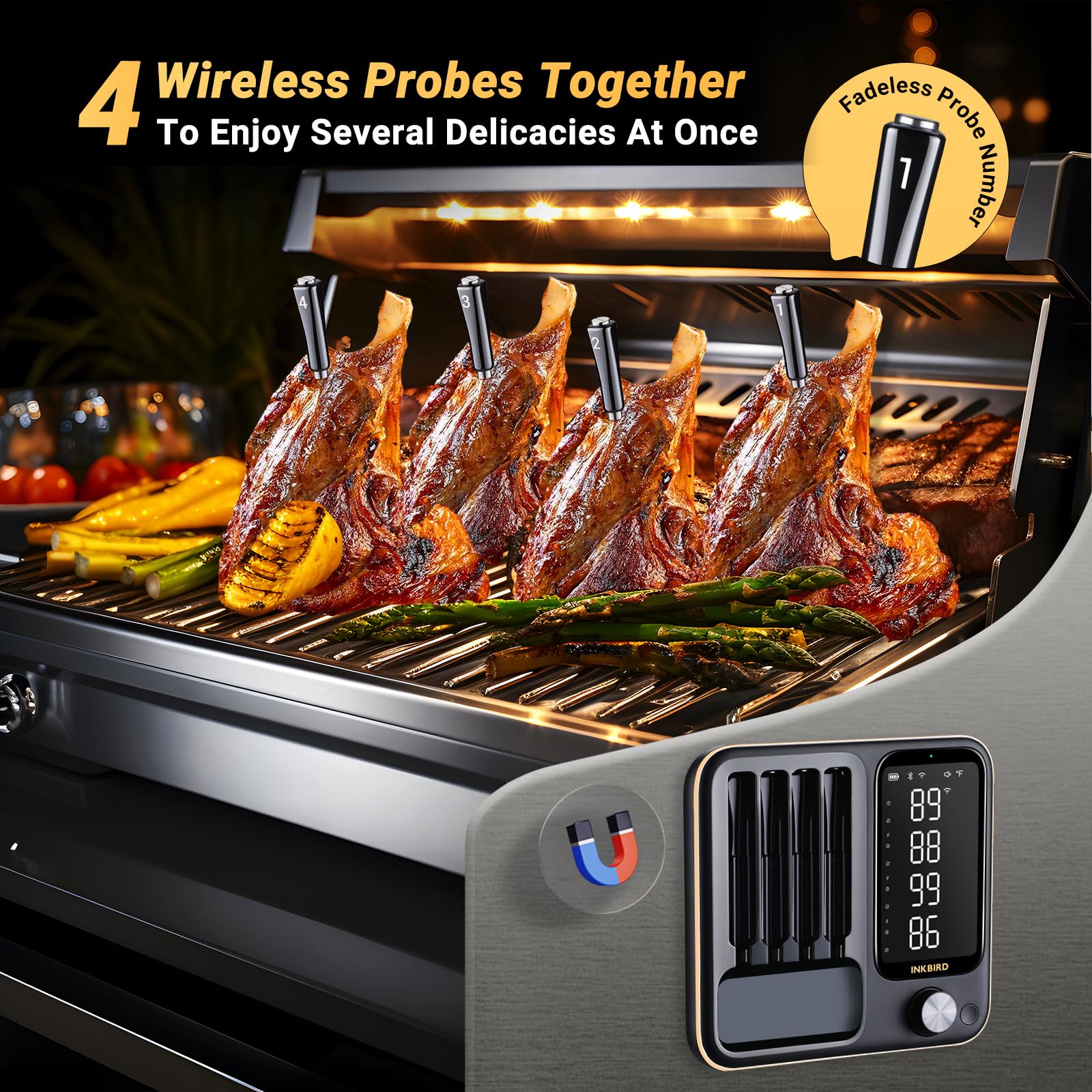 Inkbird backlit LCD screen clearly displays four temps during cooking.