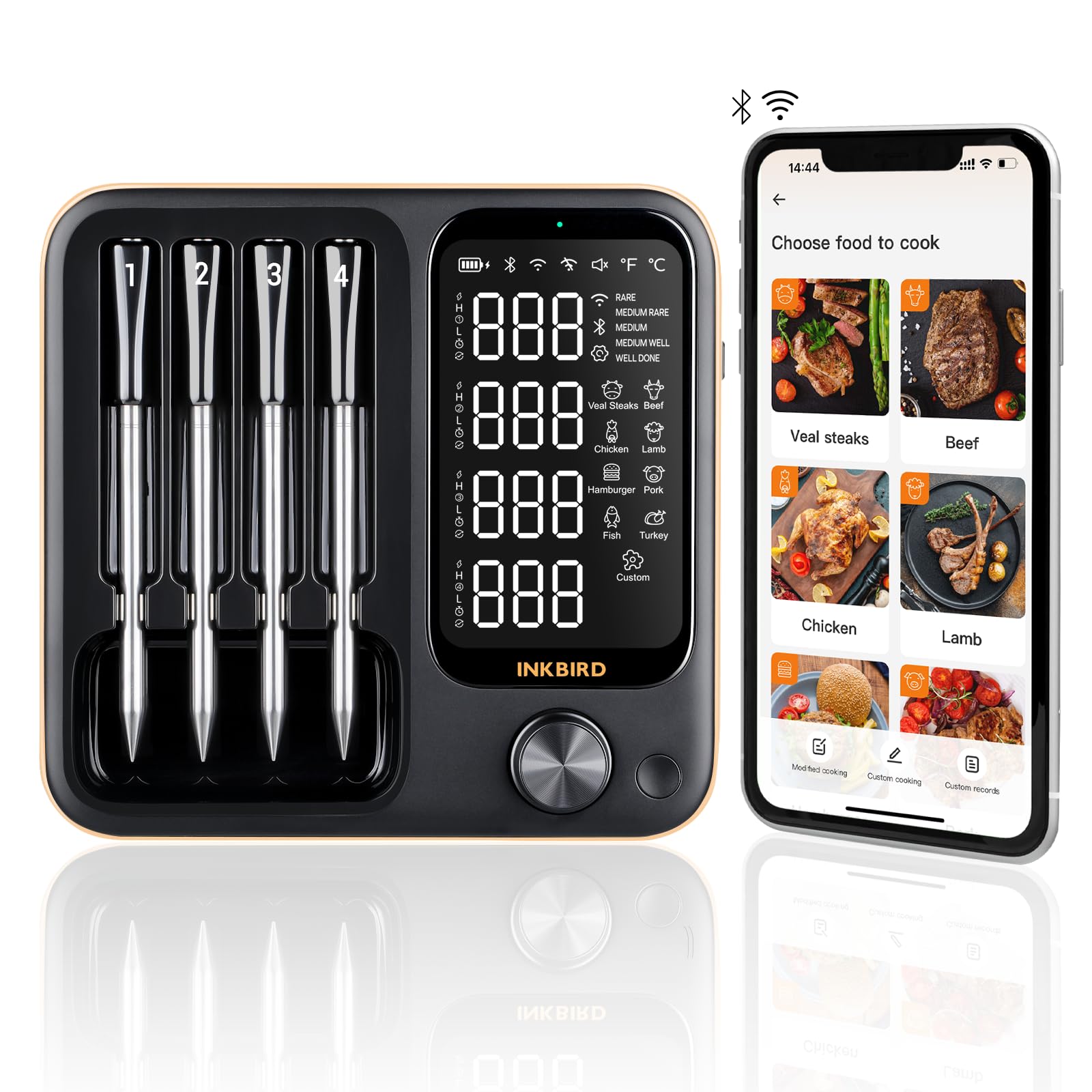 Inkbird wireless meat thermometer with four probes on a stand for multi-dish monitoring.