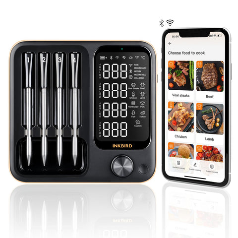 Inkbird wireless meat thermometer with four probes on a stand for multi-dish monitoring.