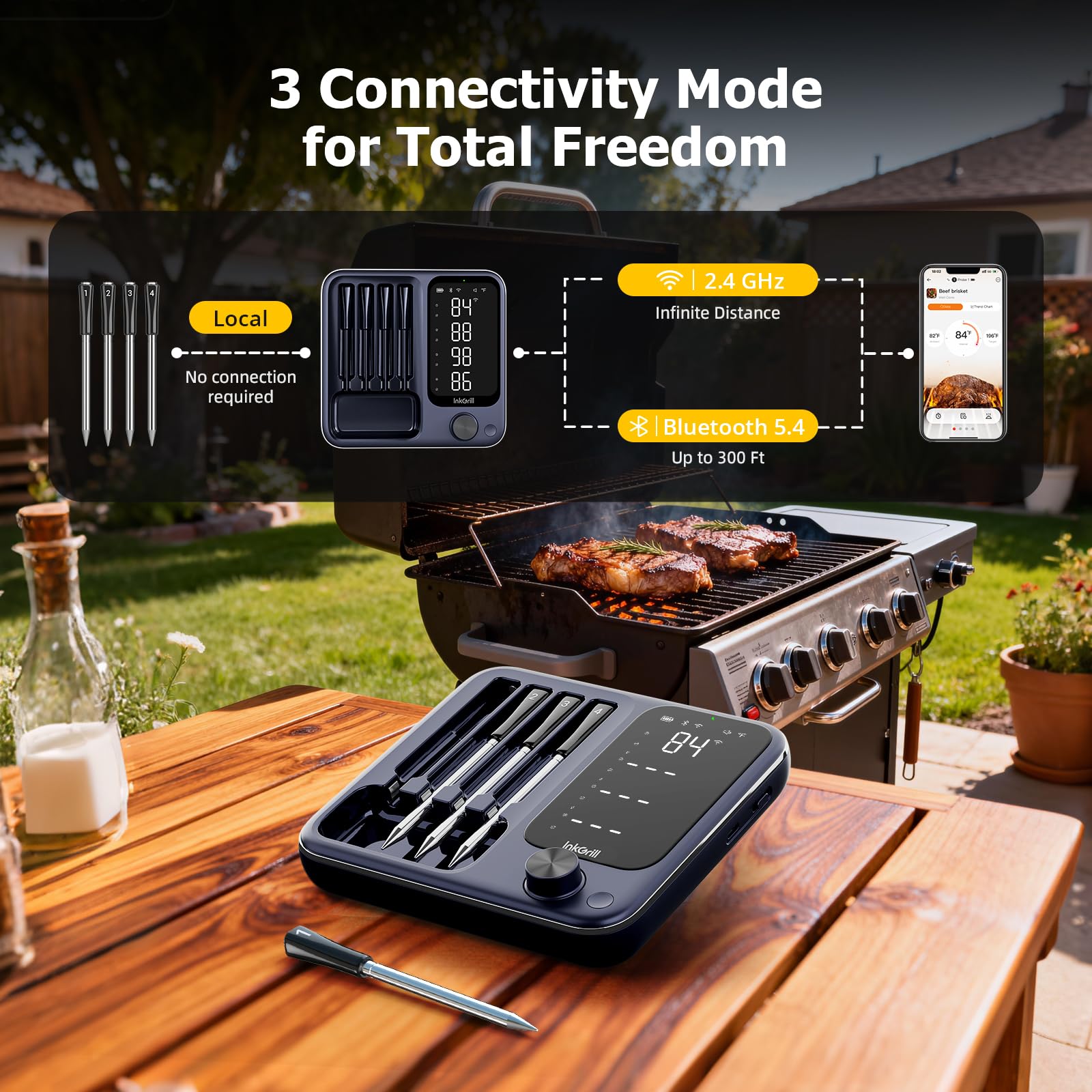 InkGrill four-probe set monitors four meats simultaneously for precise cooking