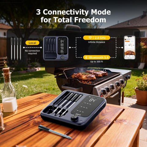InkGrill four-probe set monitors four meats simultaneously for precise cooking