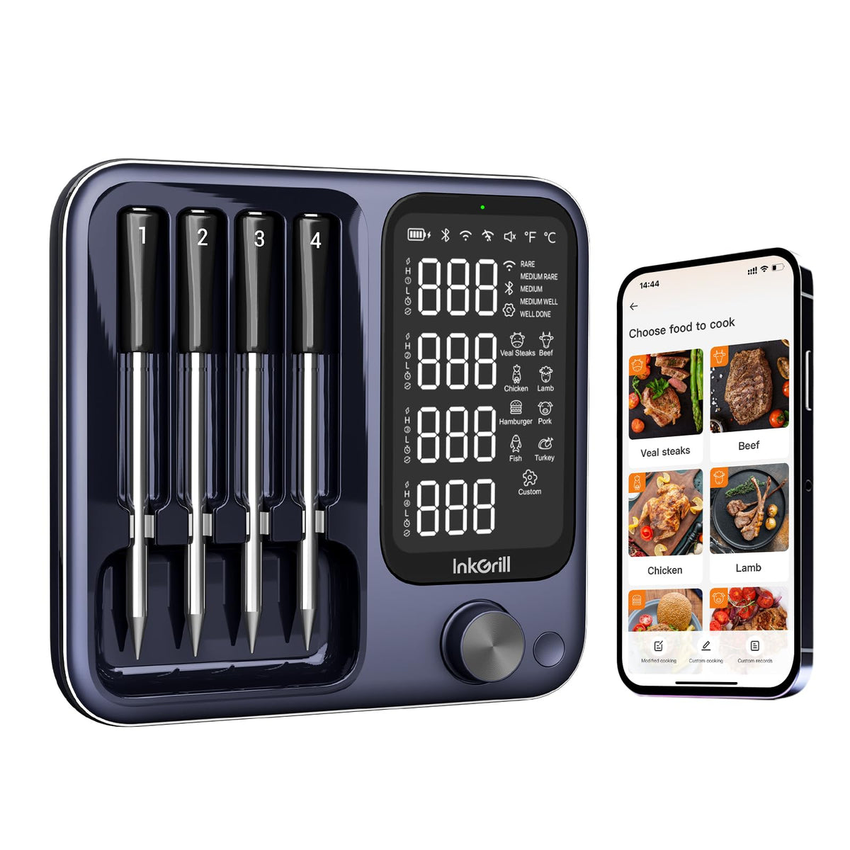 InkGrill thermometer with magnetic base and bright display for hands-free grilling