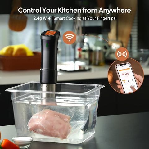InkSous WiFi sous vide cooker digital display shows precise settings