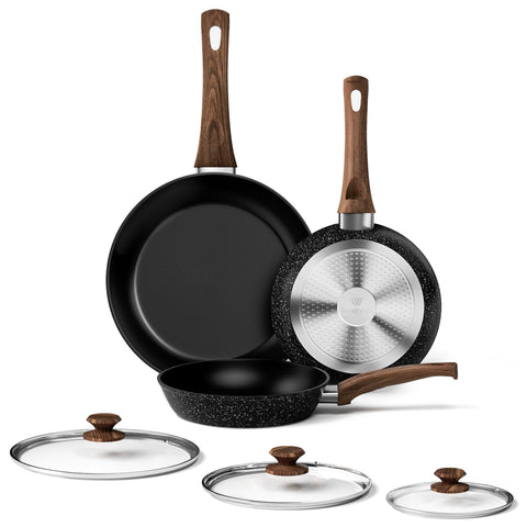 Innerwell 3pc frying pan set with 8-inch pan and lid, ideal for quick breakfasts.