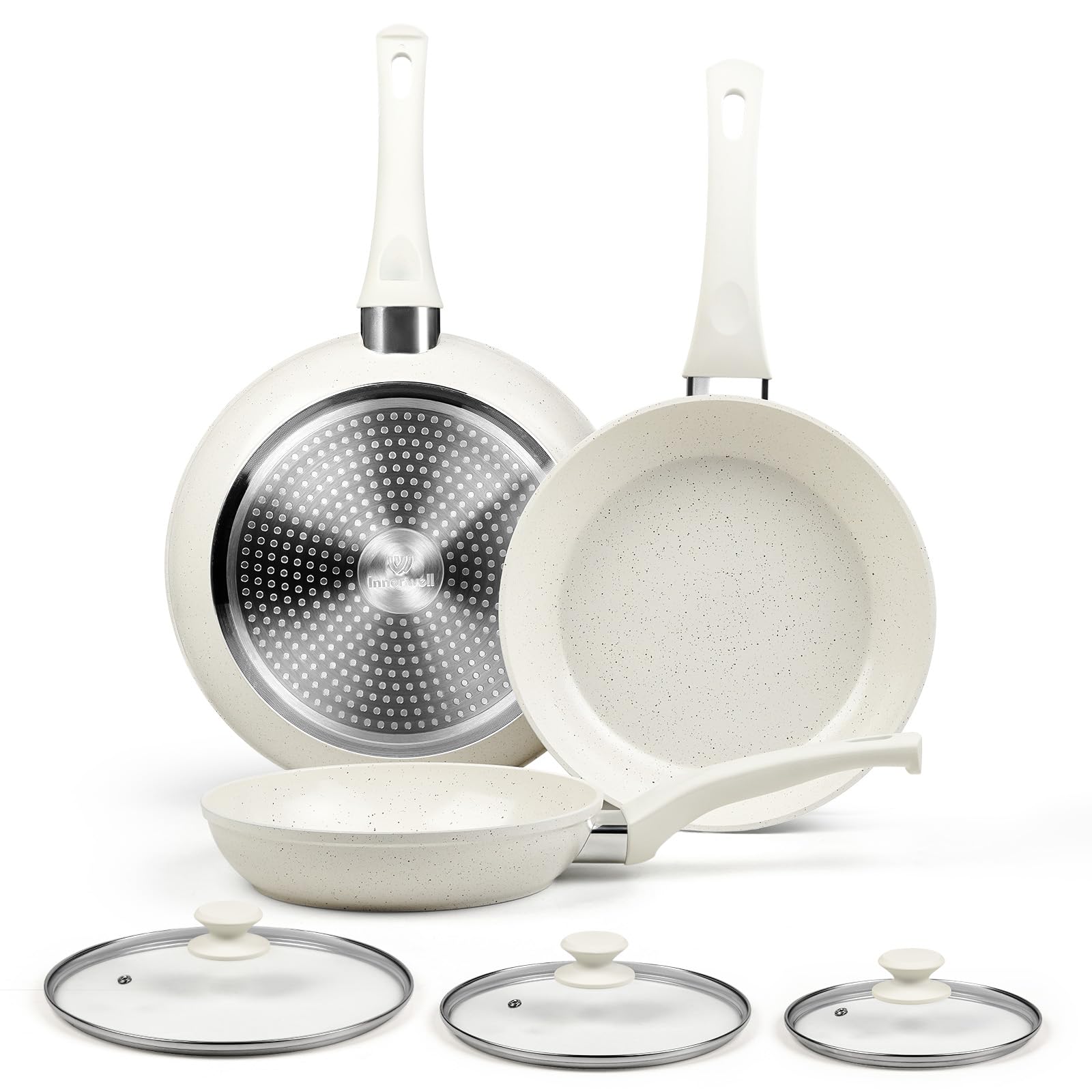 Innerwell 8-inch ceramic frying pan with lid for healthy, low-oil cooking.