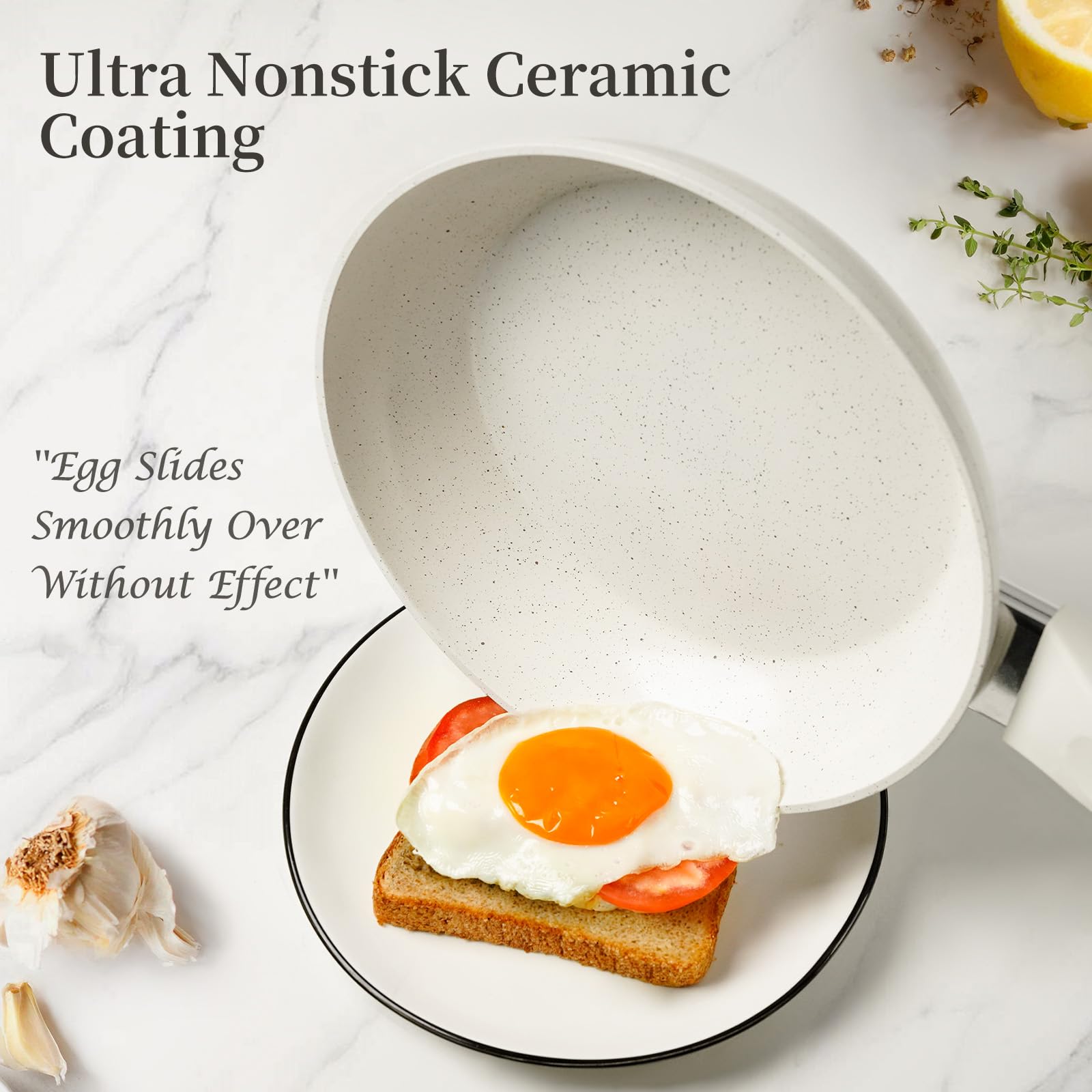 Innerwell ceramic nonstick flat-base pans deliver even heating.