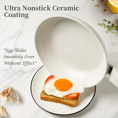 Innerwell ceramic nonstick flat-base pans deliver even heating.