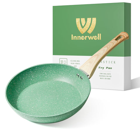 Innerwell 8 inch nonstick frying pan top view easy egg release and quick cleanup.