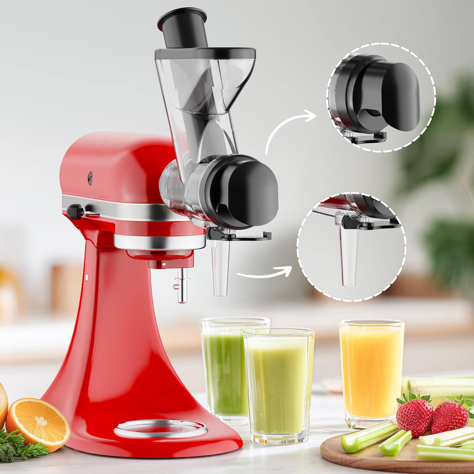 InnoMoon juicer attachment with dual feed chutes for faster prep of fruits and greens.