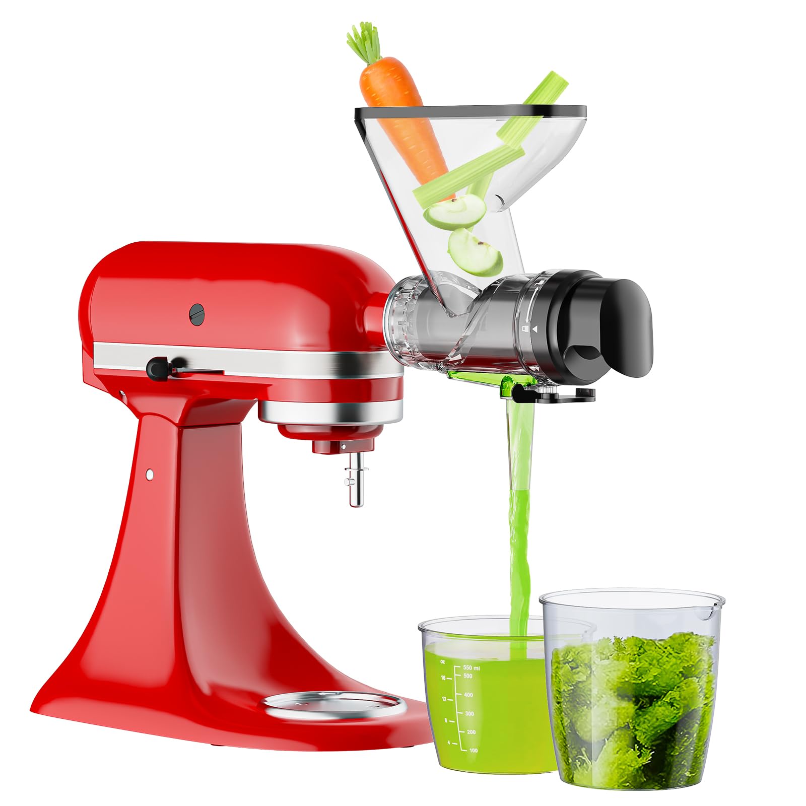 InnoMoon masticating juicer attachment front view for KitchenAid, showcasing compact design.