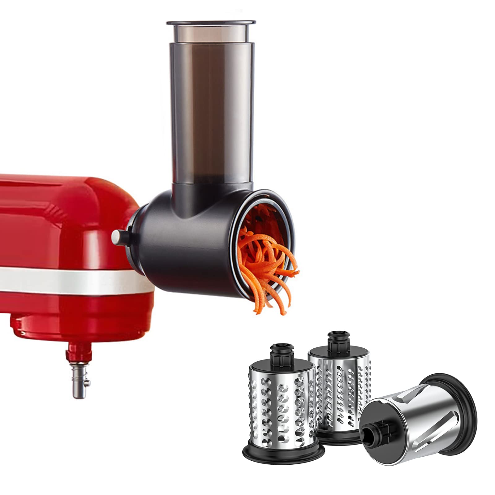 InnoMoon slicer-shredder attachment mounted on a KitchenAid mixer for easy prep
